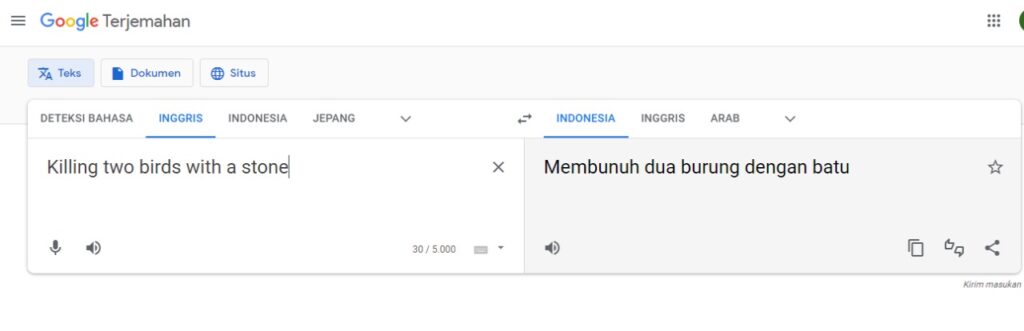 contoh hasil terjemahan aplikasi translate Inggris Idonesia